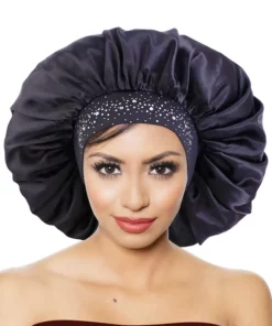 Wide-Band Rhinestones-Beads Satin Bonnet for sleeping, Shower and Chem Patients
