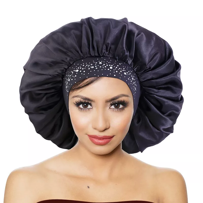 Wide-Band Rhinestones-Beads Satin Bonnet for sleeping, Shower and Chem Patients